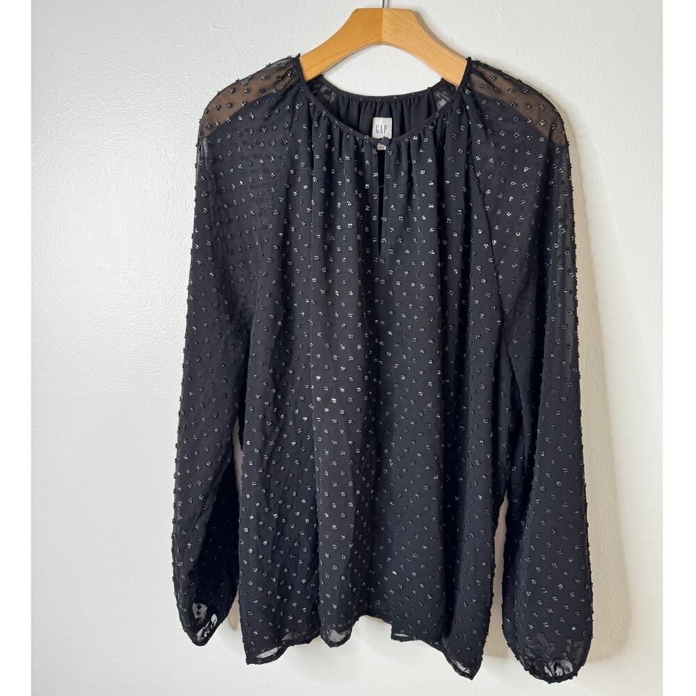 GAP Plus XXL Black Swiss Dot Long Sleeve Sheer Lined Keyhole Neck Blouse